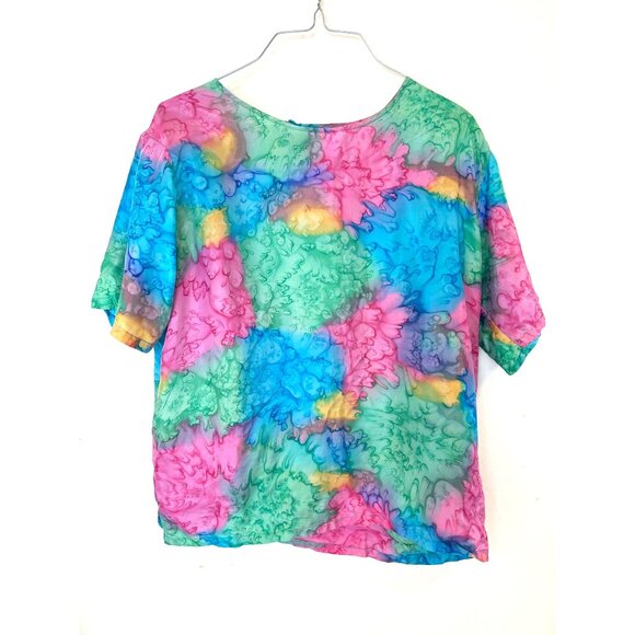 Vintage Esther 100% Silk Watercolors Blouse Large Shoulder pads Single back butt - Picture 1 of 5